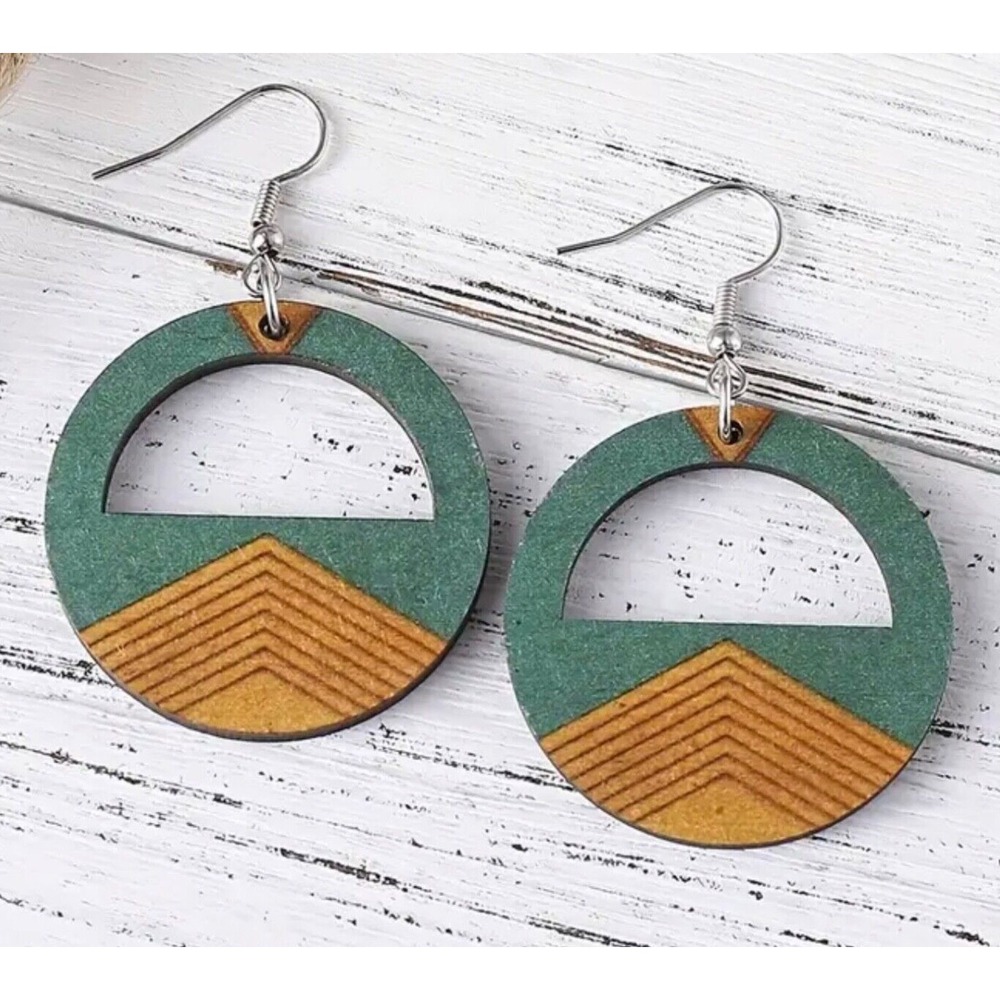 Retro Half Moon Earrings Green & Yellow Wood‎ Cut-Out
